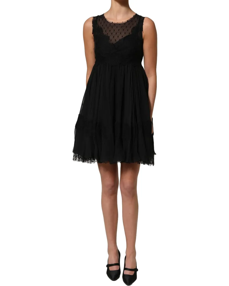 Dolce & Gabbana Women's Black Lace Trim Sleeveless A-Line Mini Dress Silk Cotton Nylon Black