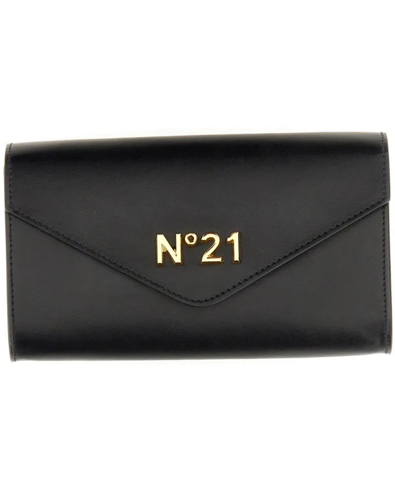 N° 21 Calf Leather with Removable Chain Strap Wallet — Black Black