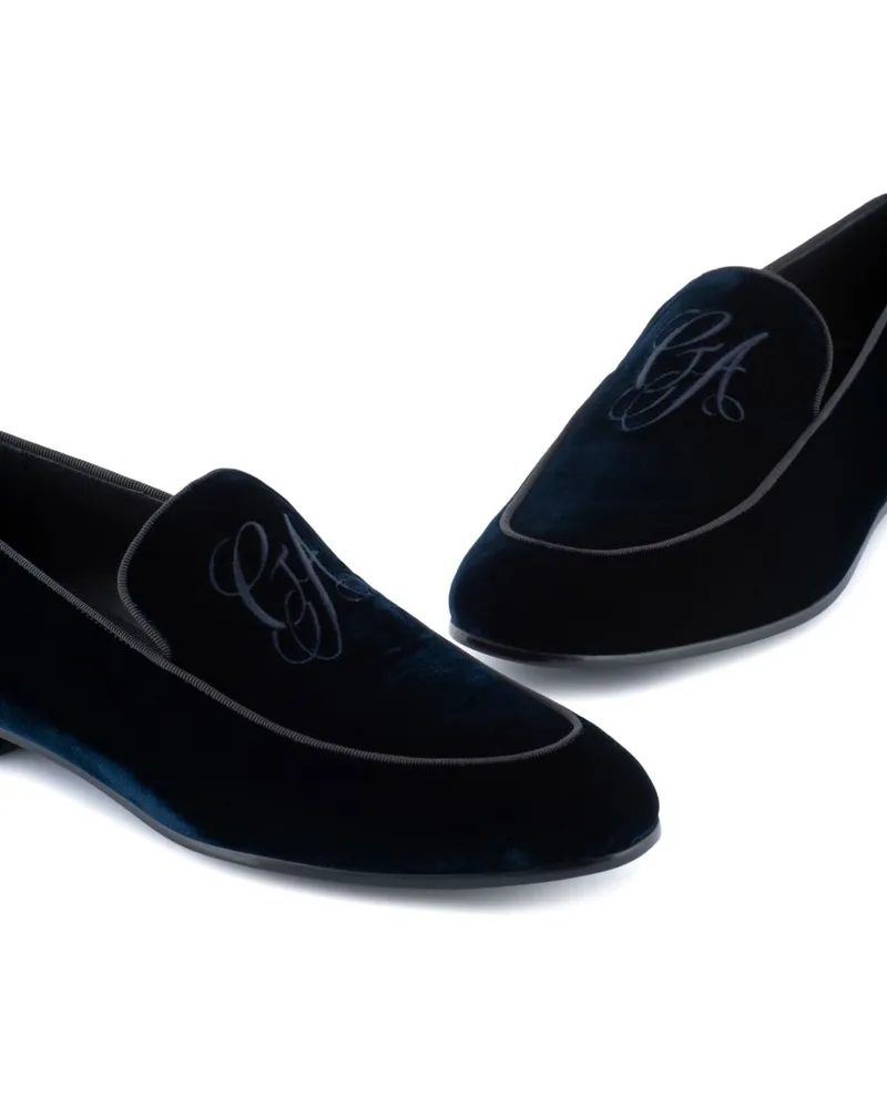 Giorgio Armani Embroidered Logo Velvet Loafers — Navy Navy