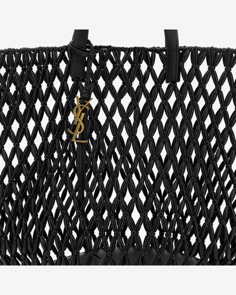 Saint Laurent Women's Shopping Bag Wooden Beaded Black Leather And Wood Shoulder Black