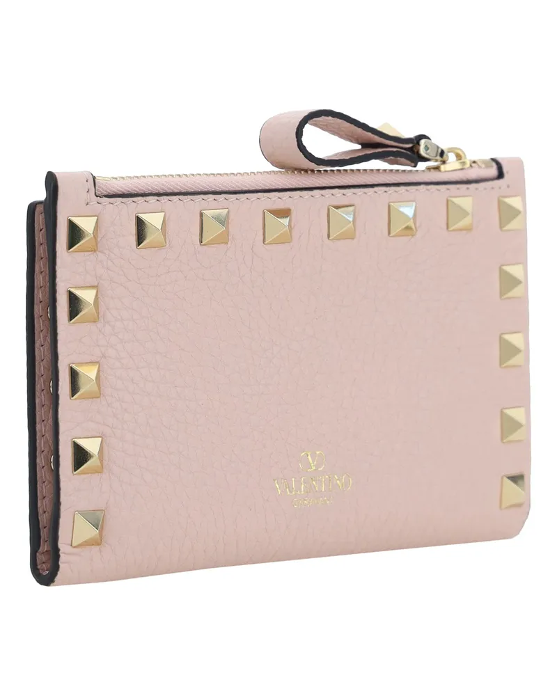 Valentino Garavani Women's Rockstud Zip Card Holder Rose Quartz Calf Leather Bos Taurus Wallet Pink