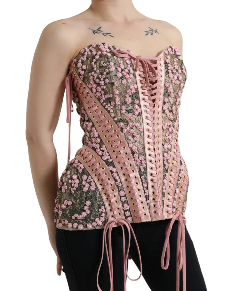 Dolce & Gabbana Women's Pink Floral Applique Bustier Corset Top Nylon Silk Pink