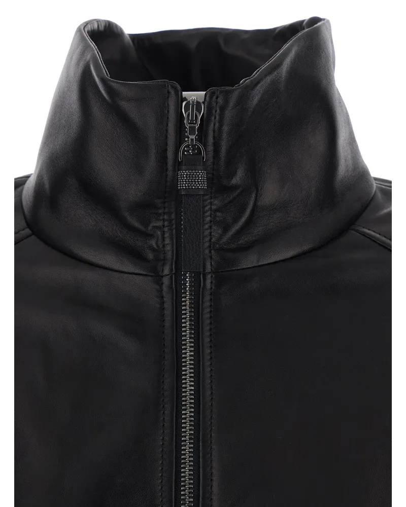 Brunello Cucinelli High-Collar Leather Jacket — Black Black