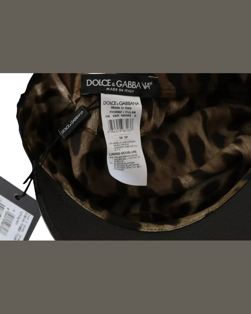 Dolce & Gabbana Women's Black Leather Crystal Beads Gold Ribbon Fiddler Cap Accessory Black