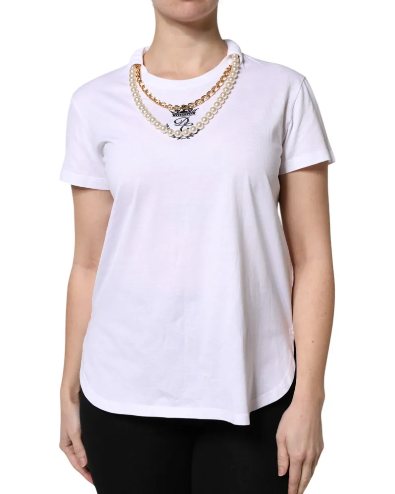Dolce & Gabbana Women's White Chain Pearl Cotton Round Neck T-Shirt White