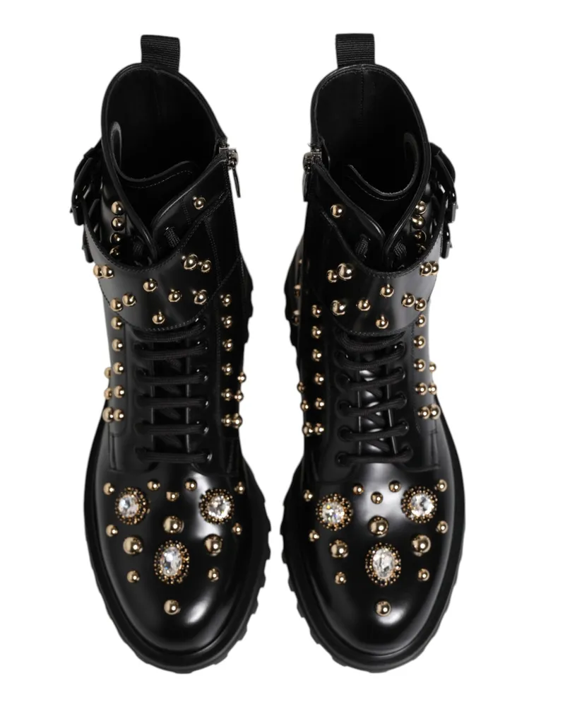 Dolce & Gabbana Men's Black Studded Lace Up Mid Calf Boots Shoes Calfskin Leather Black