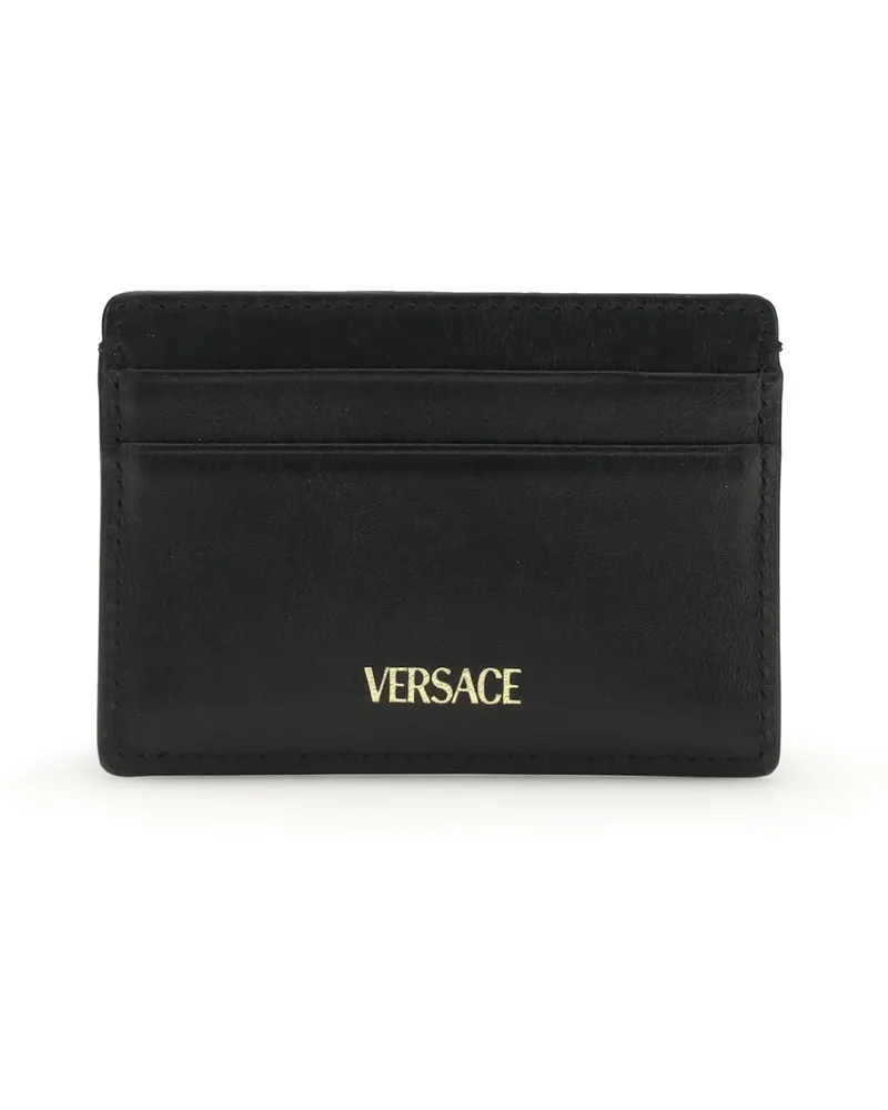 Versace Men's La Medusa Leather Card Holder Black- Gold Calf Bos Taurus Wallet Black