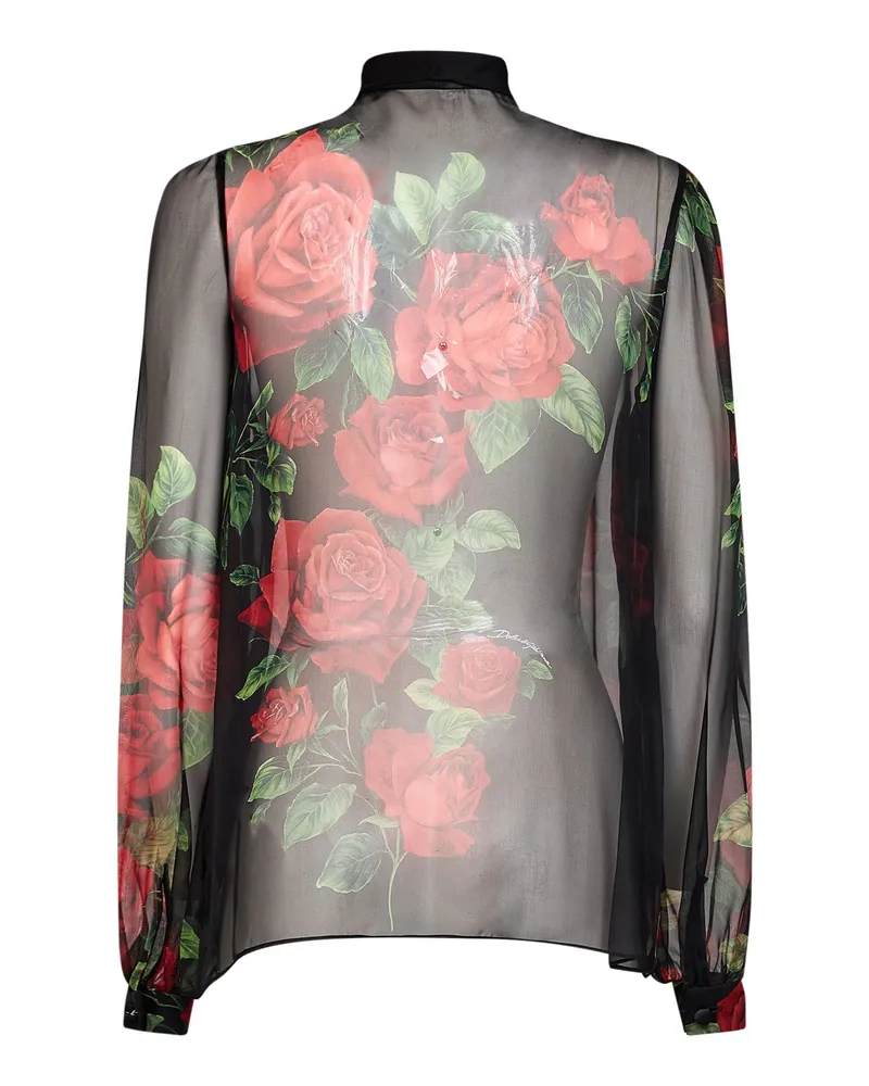 Dolce & Gabbana Silk Chiffon Rose Print Blouse — Black Black
