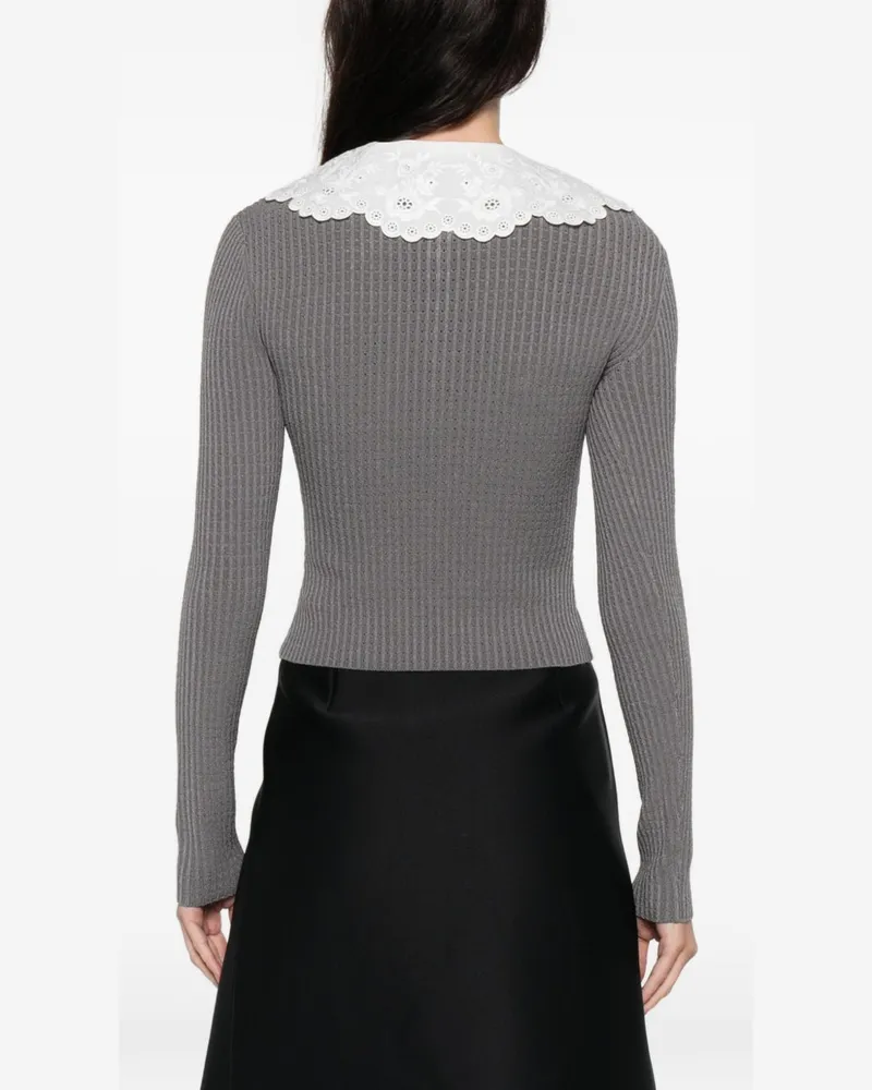 Self-Portrait Eyelet and Lace Collar Sweater — Grey Grey