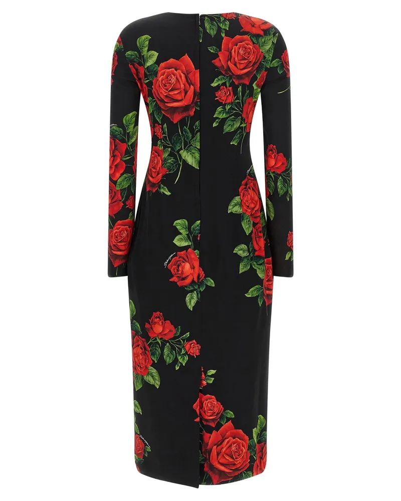 Dolce & Gabbana Rose-Print Silk Charmeuse Dress — Black Black