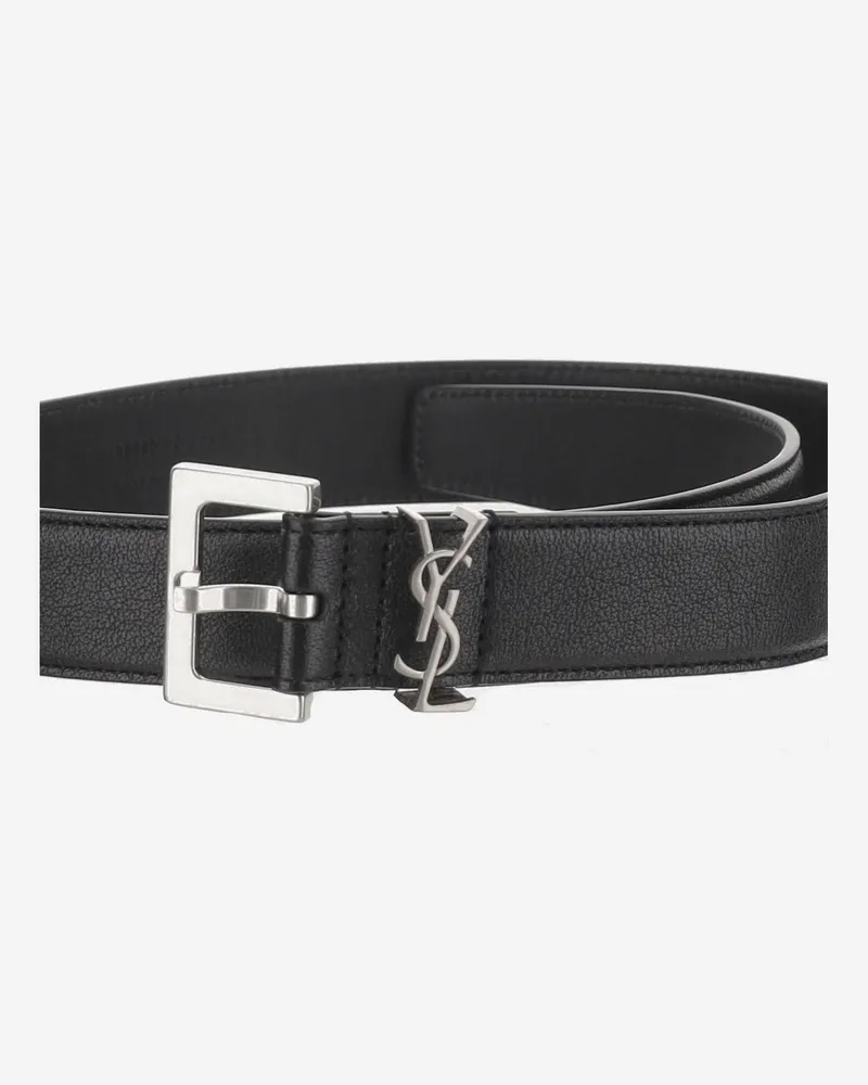Saint Laurent Men's Belt With Monogram Plaque Black Calfskin Black
