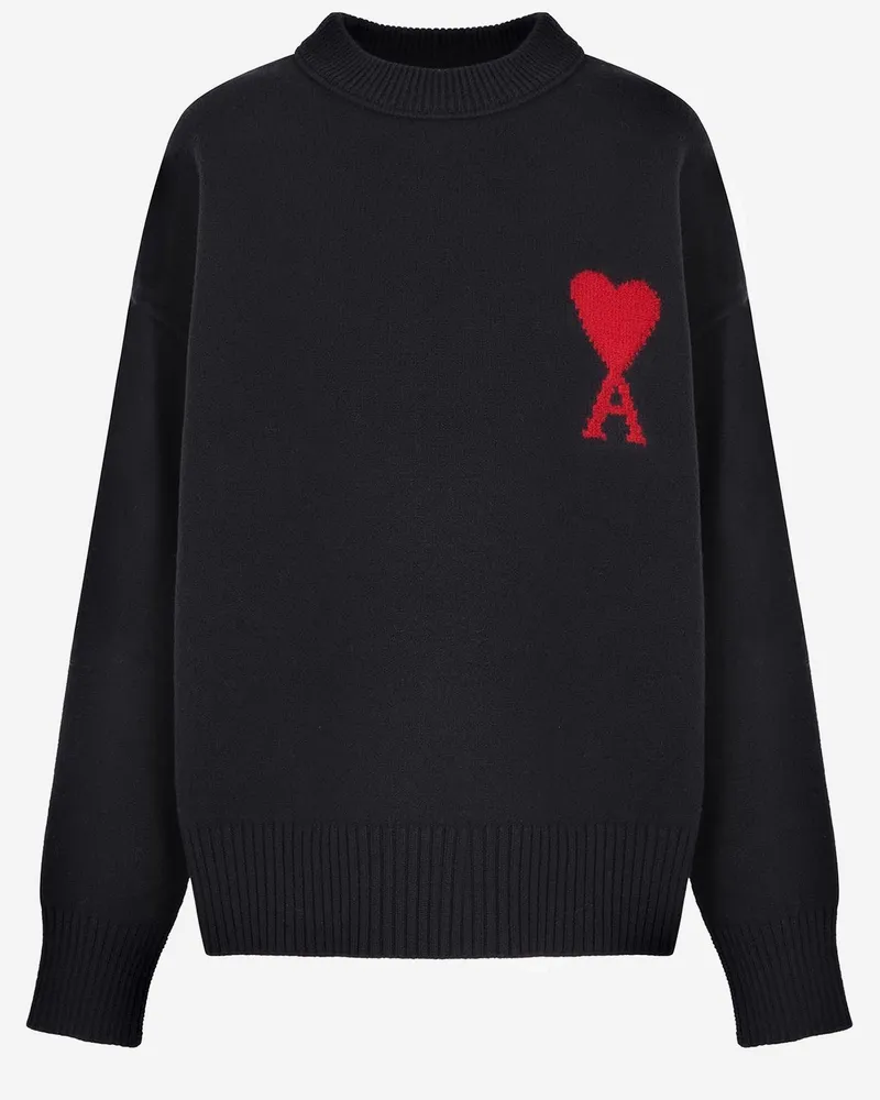 AMI Paris Men's Wool Crew-Neck Sweater Black Virgin 