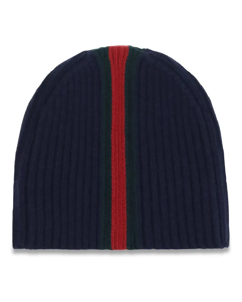 Gucci 8710214KADM Merino Wool Ribbed with Web Stripe Beanie — Navy Navy