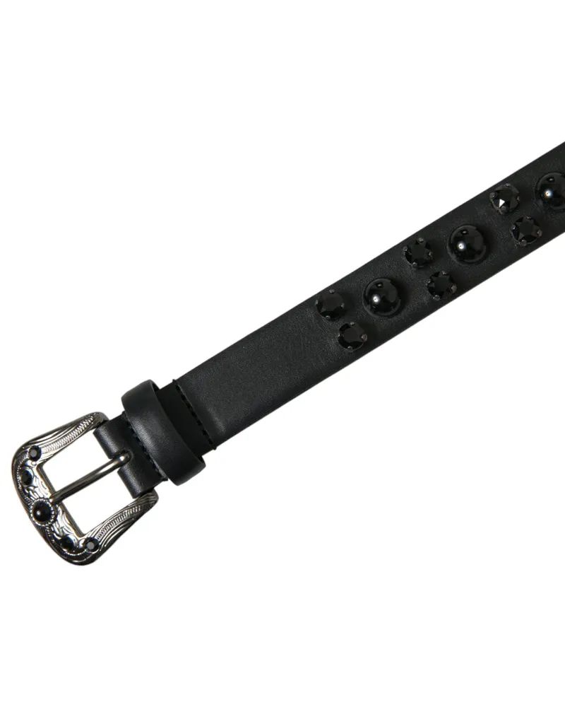 Dolce & Gabbana Women's Black Embellished Leather Engraved Buckle Belt Calf Black