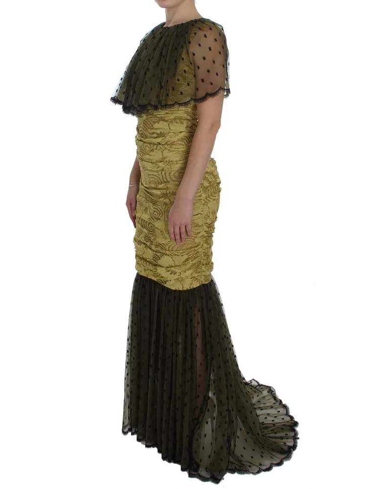 Dolce & Gabbana Women Yellow Black Floral Lace Ricamo Gown Dress Cotton Yellow