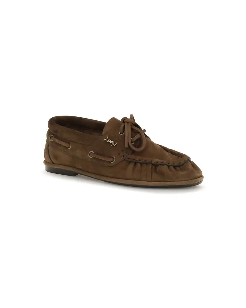 Saint Laurent Suede Calfskin Hand-Stitched Moccasin Loafers — Brown Brown