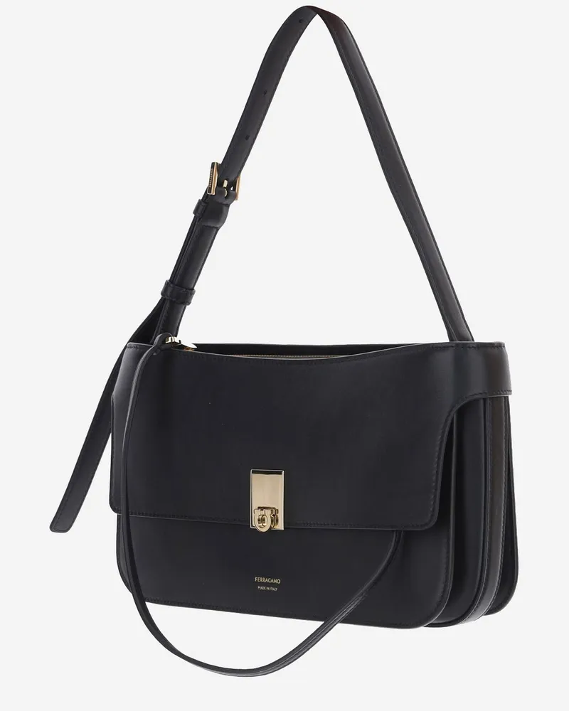 Ferragamo Calf Leather Flap Shoulder Bag — Black Black