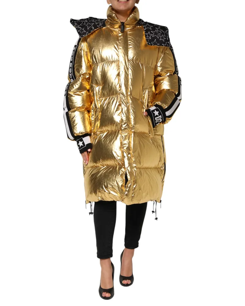 Dolce & Gabbana Women Gold Hooded Puffer Quilted Full Zip Jacket Polyester Clothing Gold