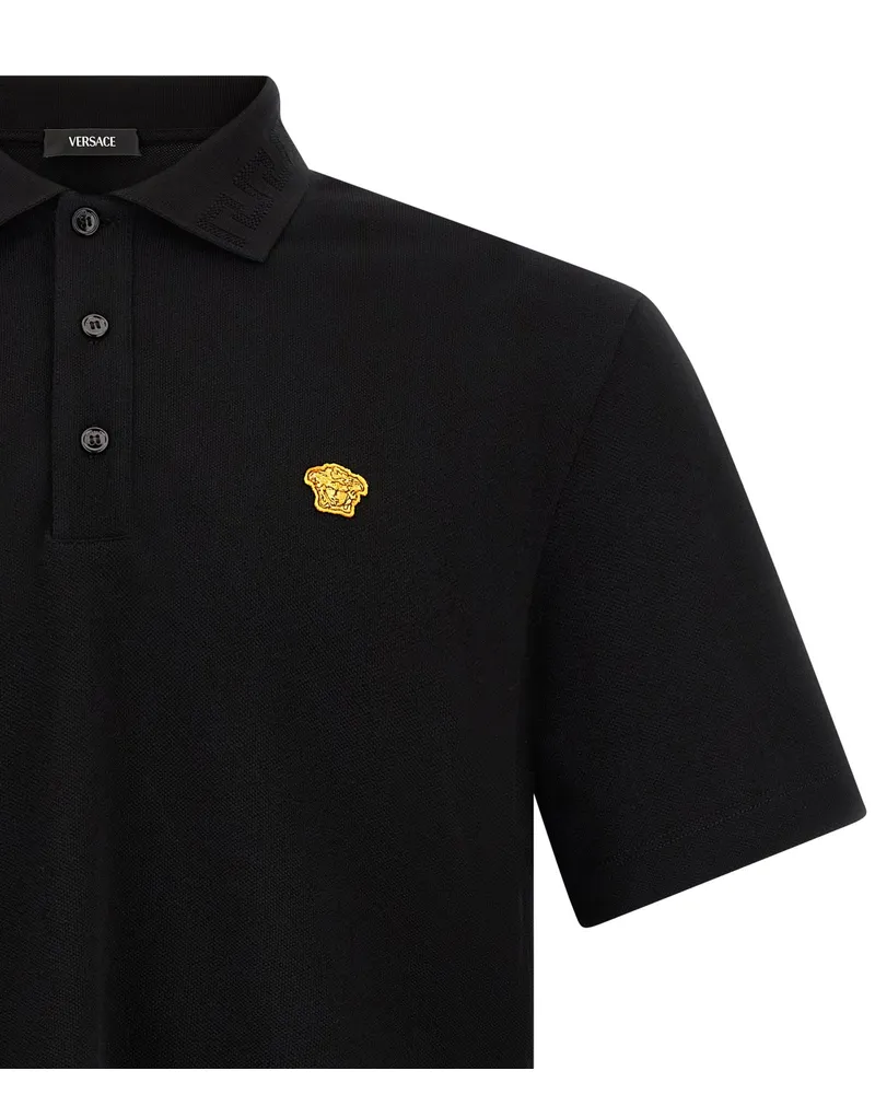 Versace Gold Medusa Logo Cotton Piqué Polo Shirt — Black Black