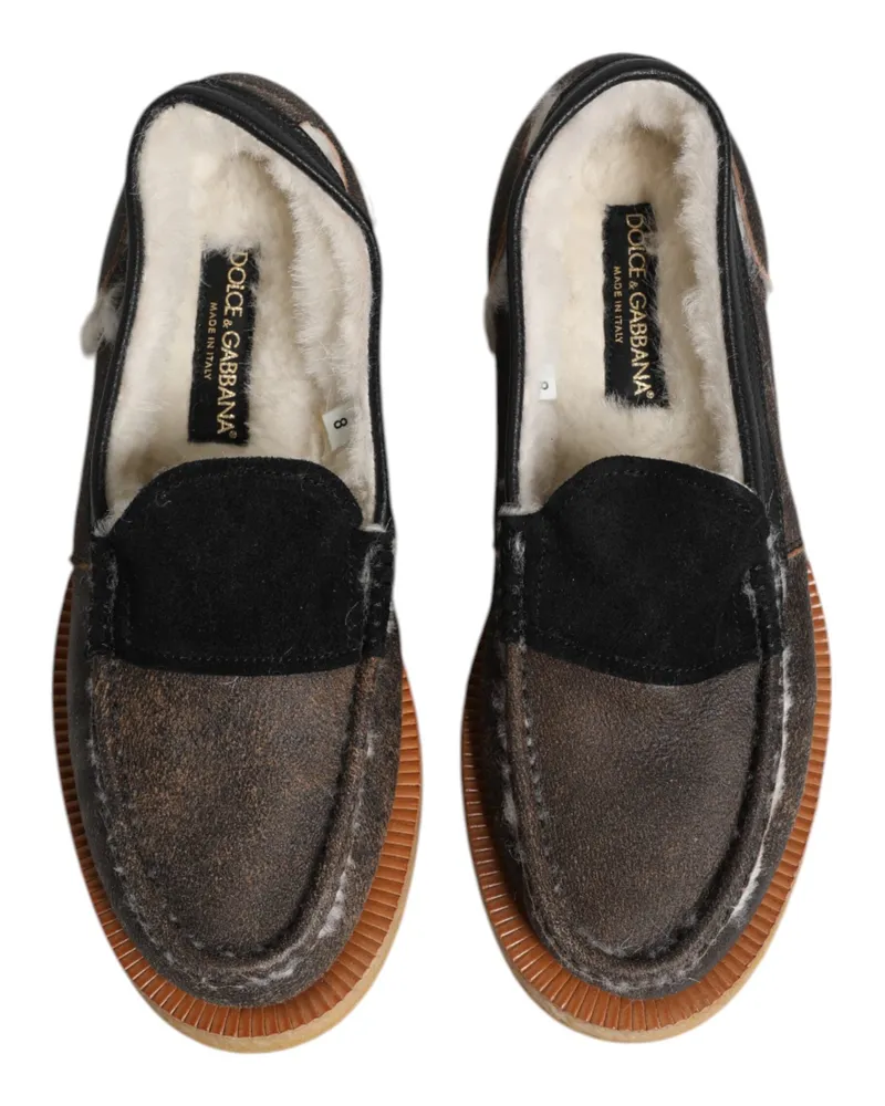 Dolce & Gabbana Men's Brown White Calfskin Leather Loafers Shoes Fur Calf Brown