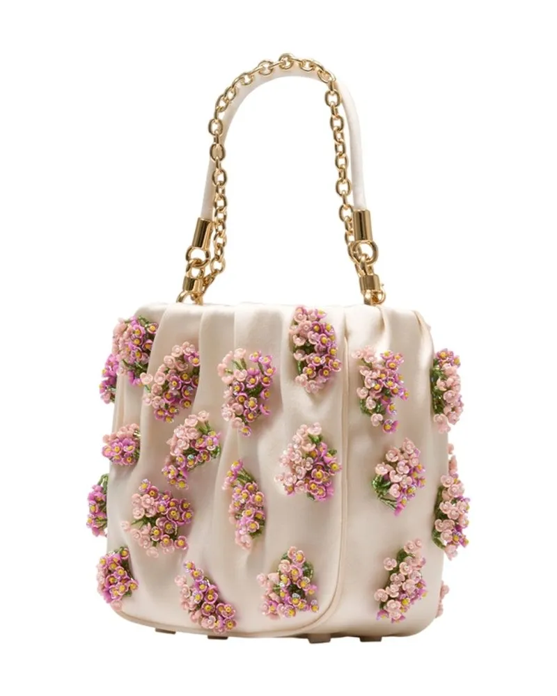Self-Portrait Women's Floral Beaded Bag - Self Portrait Raffia Beige Handbags-Purses Beige