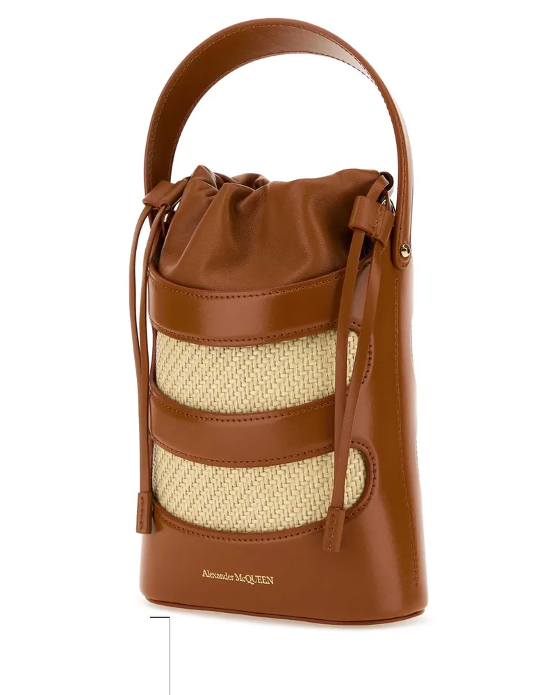 Alexander McQueen Women's Two-Tone Leather And Raffia Mini The Rise Bucket Bag Tannatural Borse A Secchiello Brown