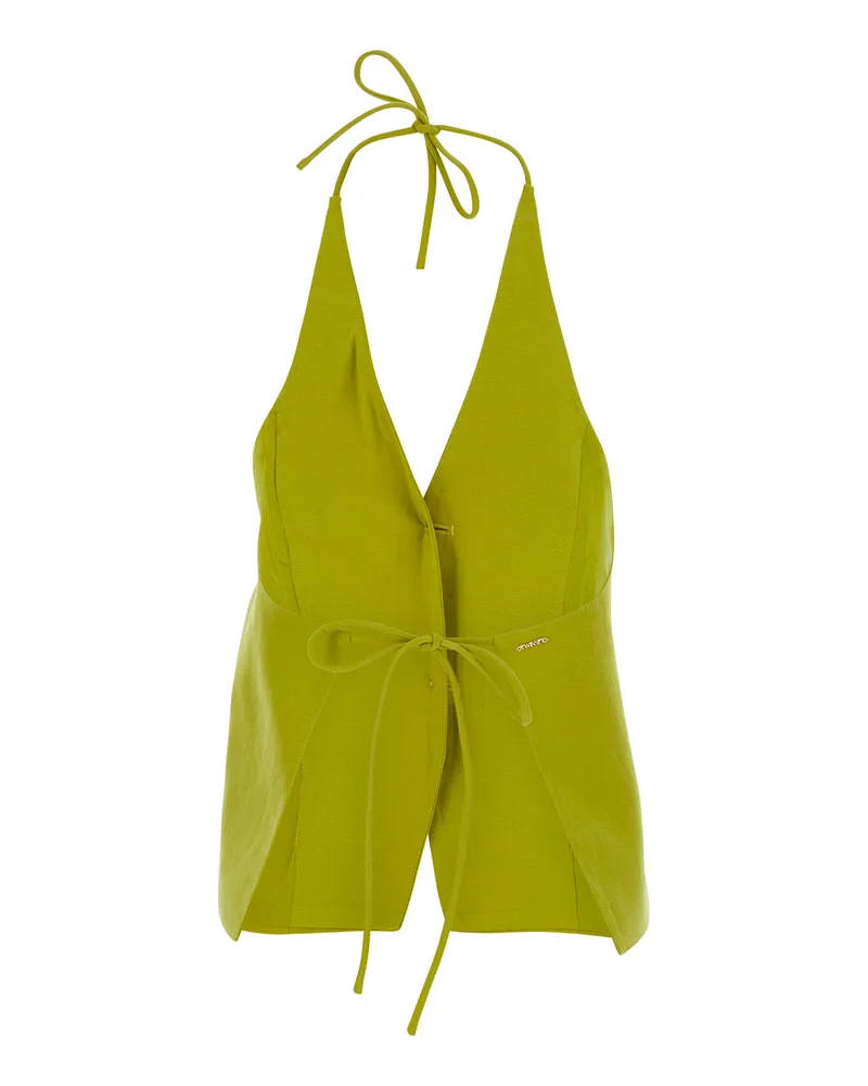 Twin-Set Women's Vest V-Neck Yellow Linen Blend Lyocell Blazers Jacket Yellow