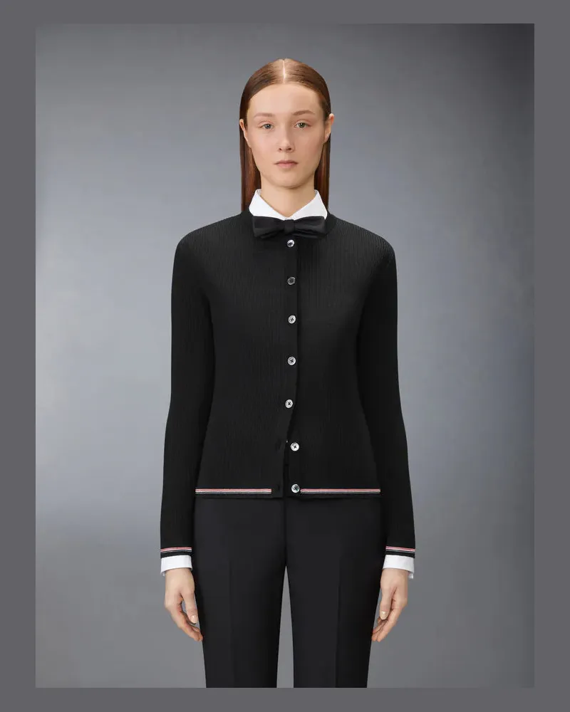 Thom Browne Women's Cardigan Col Rond Côtes En Laine Mérinos À Rayures Rwb Black Sweater Black