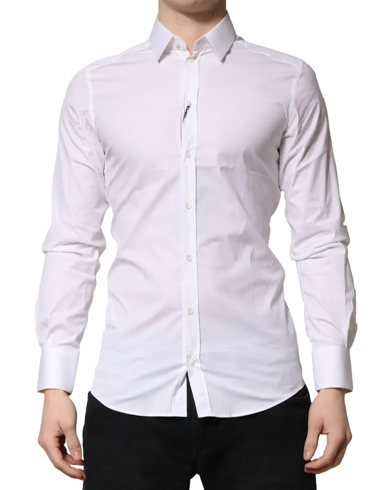 Dolce & Gabbana White Gold Cotton Men Dress Formal Shirt Nylon Elastane White