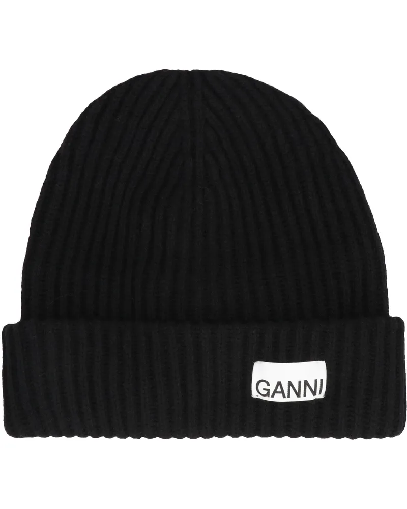 Ganni Women's Ribbed Knit Beanie Black Wool Hat Black