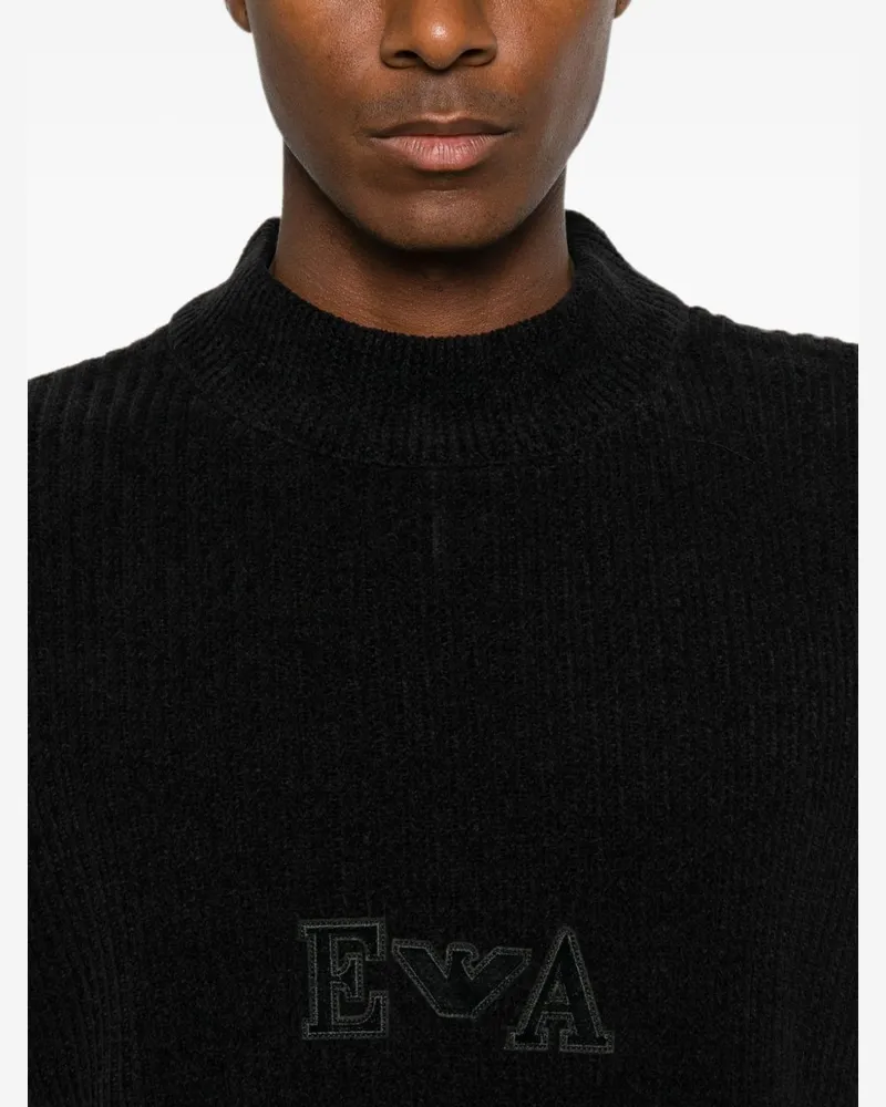 Emporio Armani Ribbed Knit with Embroidered Logo Sweater — Black Black