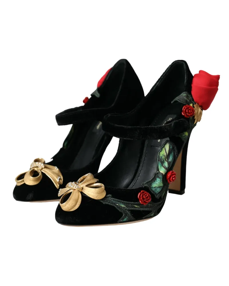 Dolce & Gabbana Women's Black Roses Crystal Brooch Mary Jane Shoes Se+vi Black