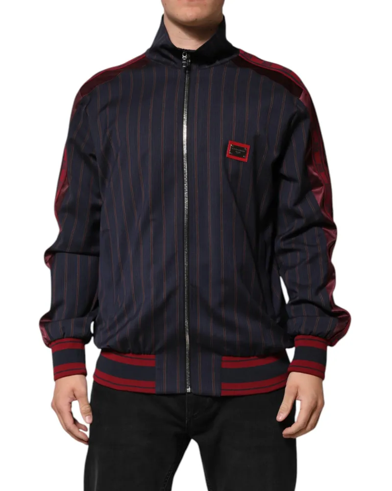 Dolce & Gabbana Men's Blue Red Striped Logo Plaque Full Zip Jacket Virgin Wool Clothing Navy