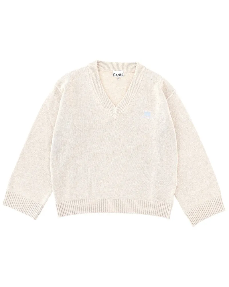 Ganni Logo Wool Blend Sweater — Beige Beige