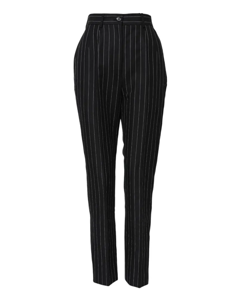 Dolce & Gabbana Women Black Stripes High Waist Tapered Pants Linen Cotton Black