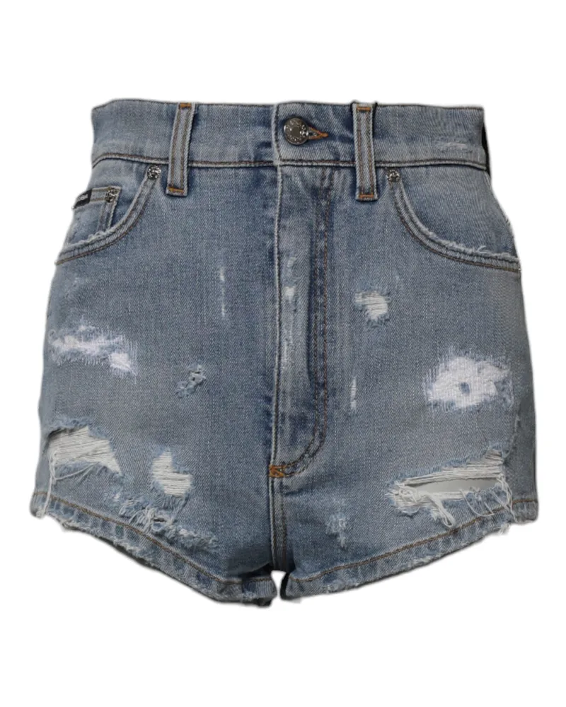 Dolce & Gabbana Women Blue Tattered Denim Cotton Hot Pants Shorts Elastane Blue