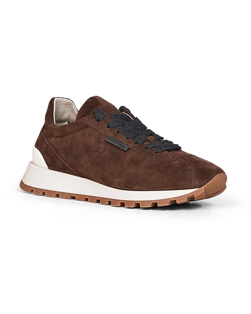 Brunello Cucinelli Monili-Embroidered Suede Sneaker — Brown Brown
