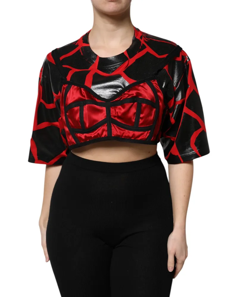 Dolce & Gabbana Women Red Black Cotton Bustier Detailing Cropped Top And Red