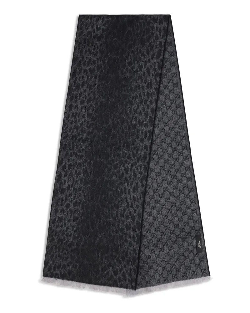 Gucci Leopard-Print Reversible Wool Scarf — Black Black