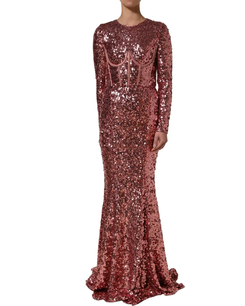 Dolce & Gabbana Women Pink Long Sequined Corset Detailing Gown Dress Nylon Elastane Pink