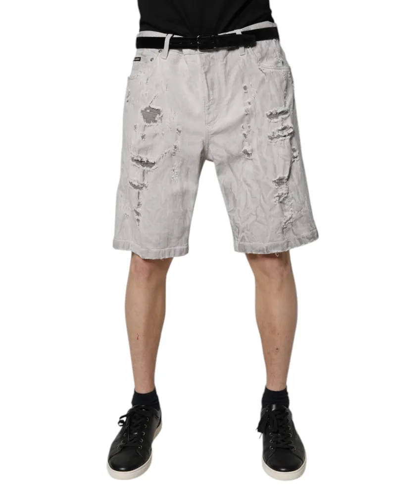 Dolce & Gabbana Light Gray Tattered Men Denim Bermuda Shorts Cotton Elastane Gray