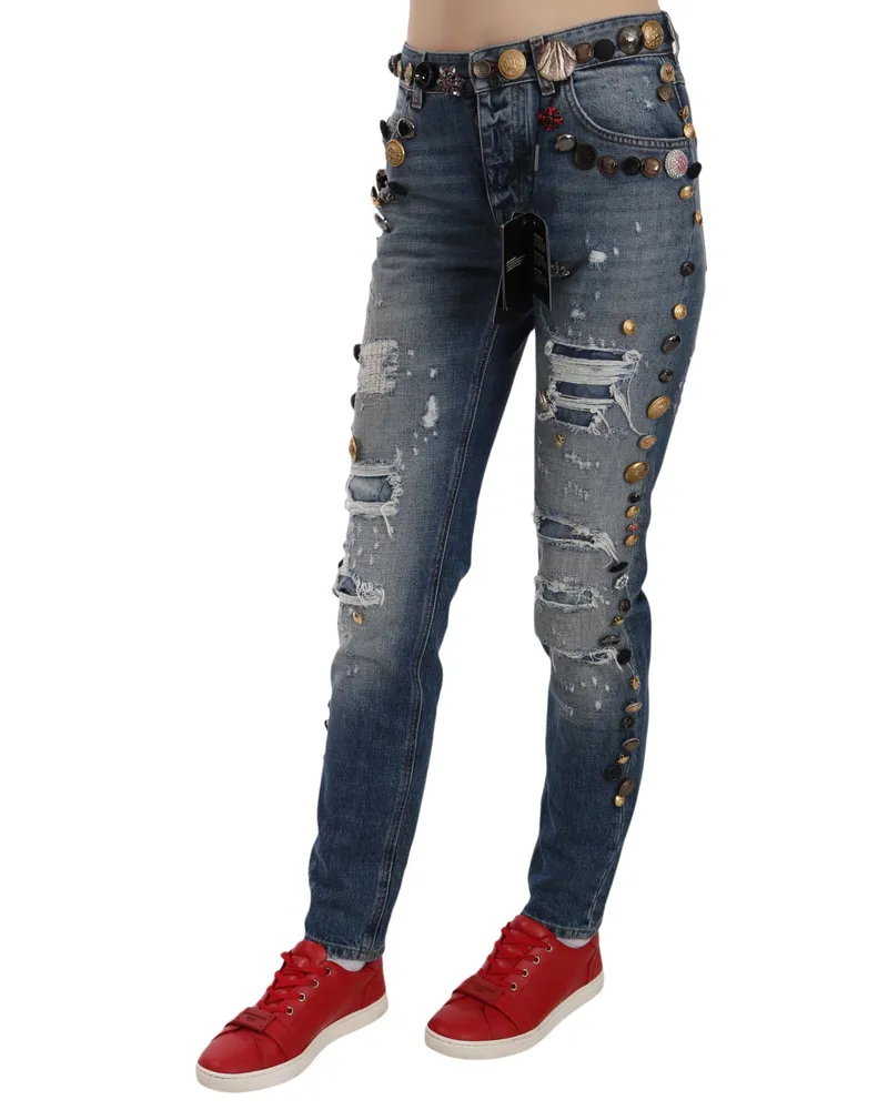 Dolce & Gabbana Women's Distressed Embellished Buttons Denim Pants Jeans Blue Cotton Blue