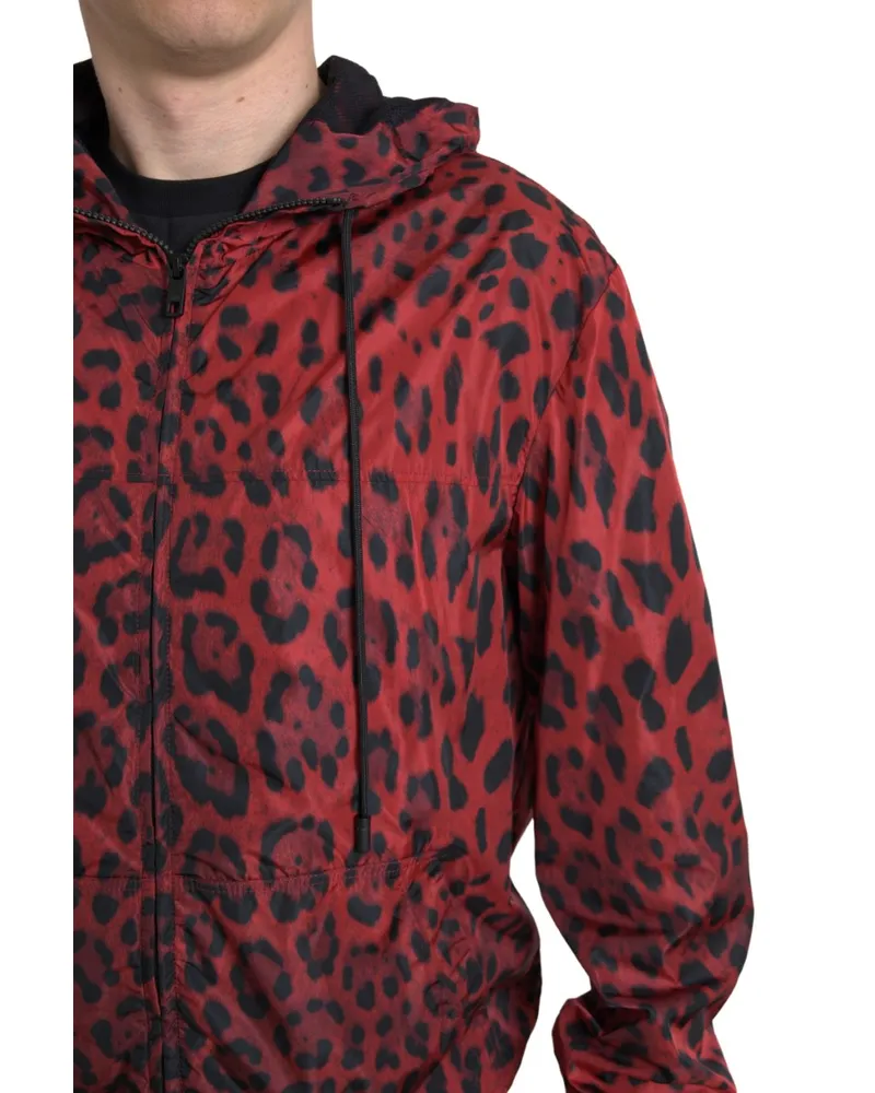 Dolce & Gabbana Men's Red Leopard Hooded Bomber Full Zip Jacket Nylon Clothing Red