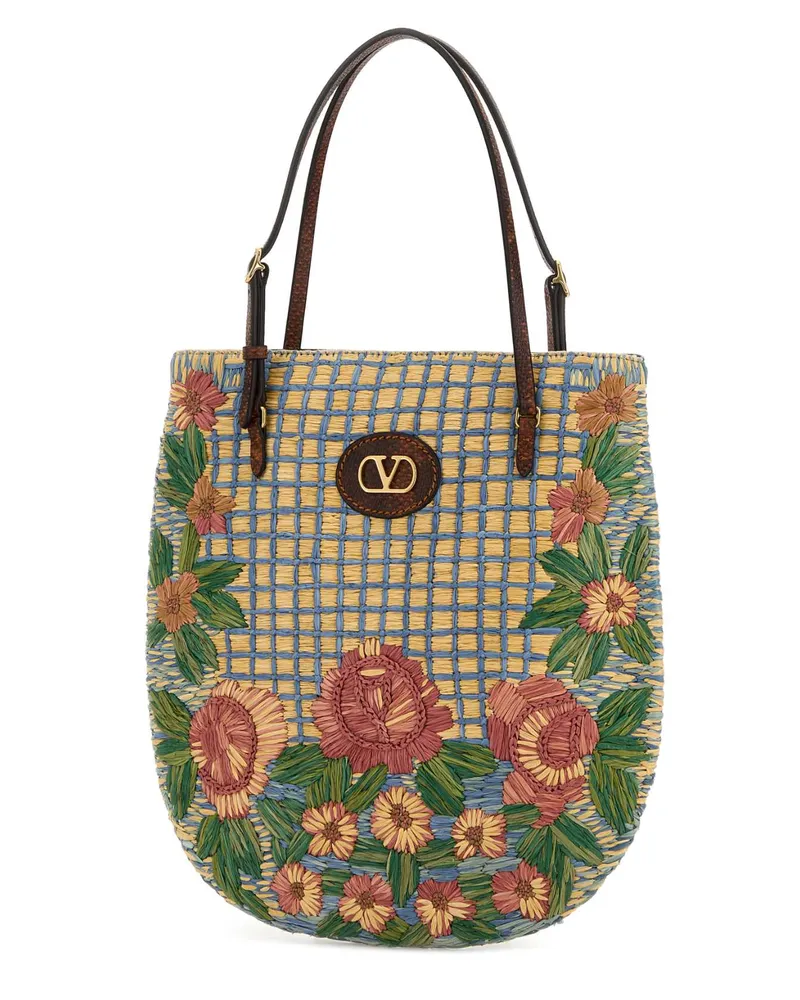 Valentino Garavani Women's Embroidered Raffia Vlogo Signature Shoulder Bag Naturalemulticolorterra Cotton Borse A Mano Multicolor