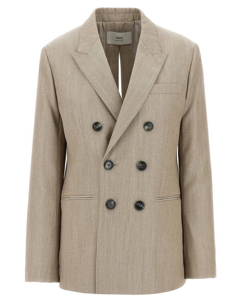AMI Paris Double-Breasted Wool Blazer — Beige Beige