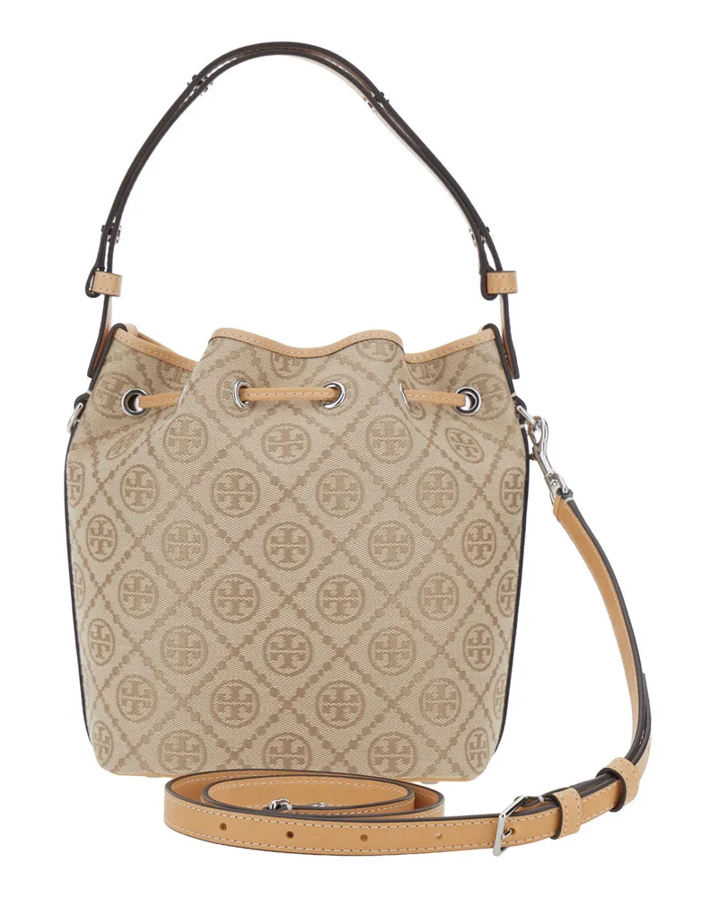 Tory Burch Women's Handbag T Monogram Mini Bucket Beige Cotton Polyester Handbags Hand Bags Beige