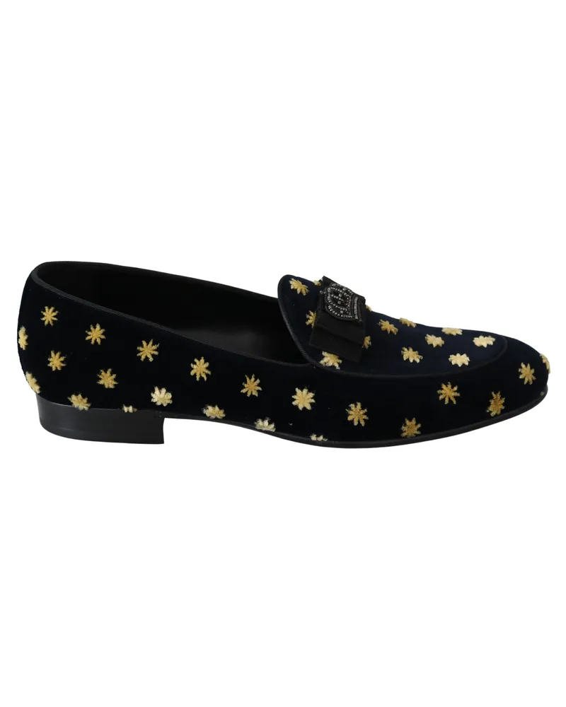 Dolce & Gabbana Men's Blue Velvet Crown Slippers Loafers Shoes Black Cotton Navy