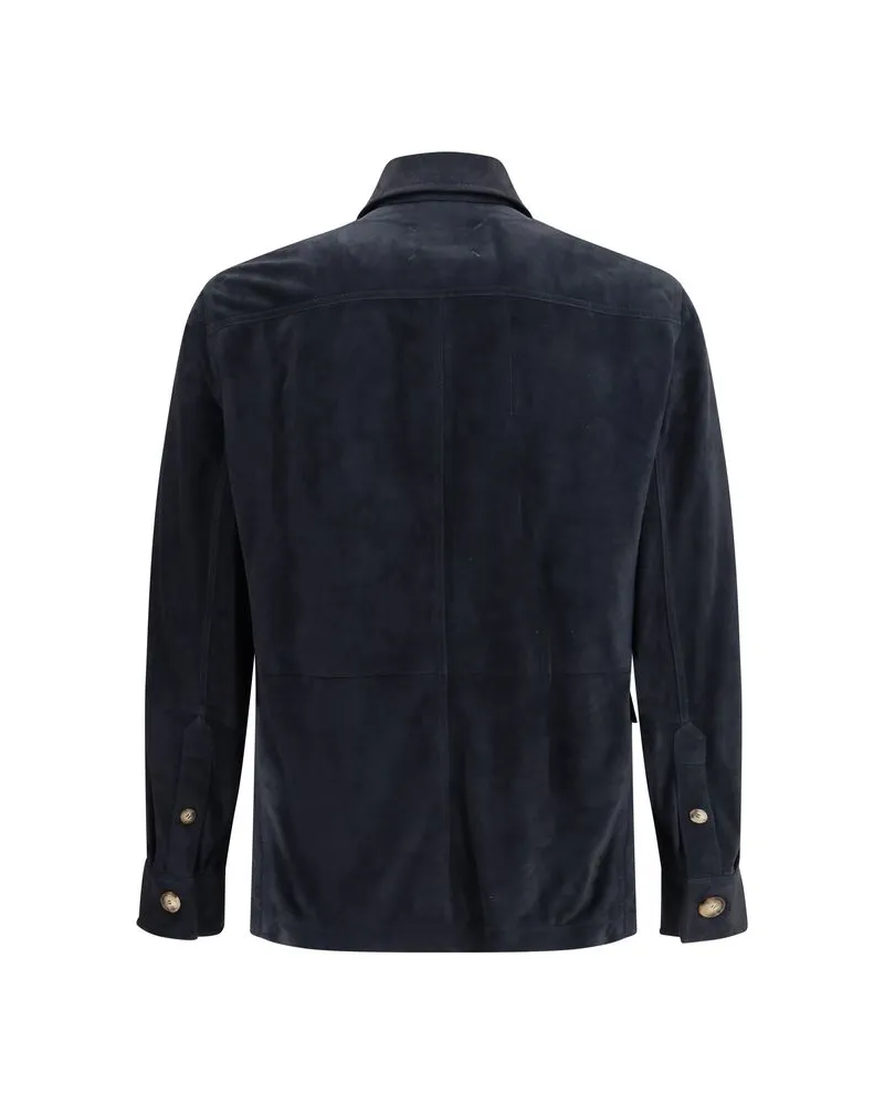 Brunello Cucinelli Men's Suede Leather Shirt Jacket Blue Navy