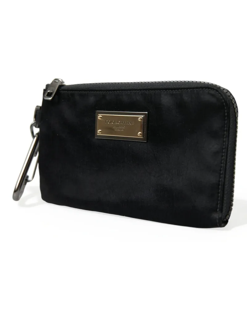 Dolce & Gabbana Men's Black Nylon Logo Plaque Keyring Pouch Clutch Bags Leather Black