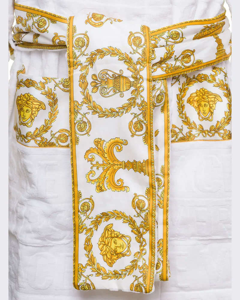 Versace Unisex Short Bathrobe With Baroque Motif, White Cotton Towels & Bath Robes White